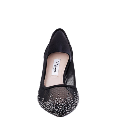 Nina Shoes Sofie Black Mesh with Faceted Crystals Kitten-Heel Pumps