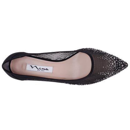 Nina Shoes Sofie Black Mesh with Faceted Crystals Kitten-Heel Pumps