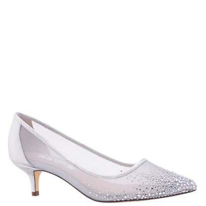 Nina Shoes Sofie True Silver Mesh with Faceted Crystals Kitten-Heel Pumps