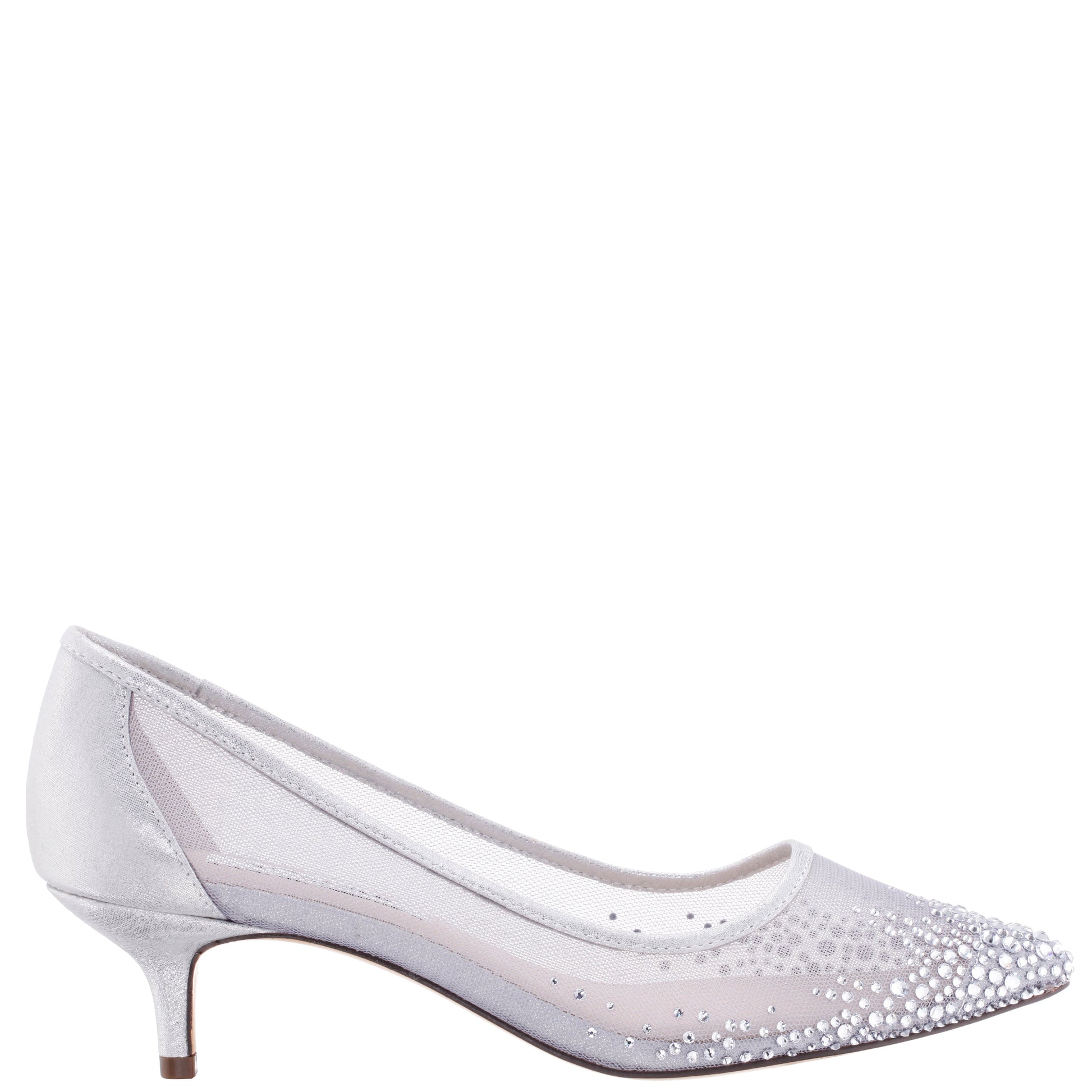 Nina Shoes Sofie True Silver Mesh with Faceted Crystals Kitten-Heel Pumps