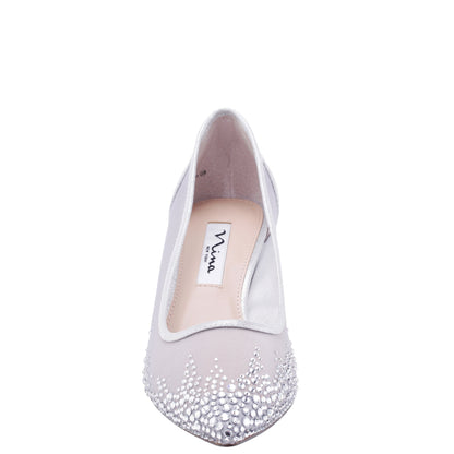 Nina Shoes Sofie True Silver Mesh with Faceted Crystals Kitten-Heel Pumps