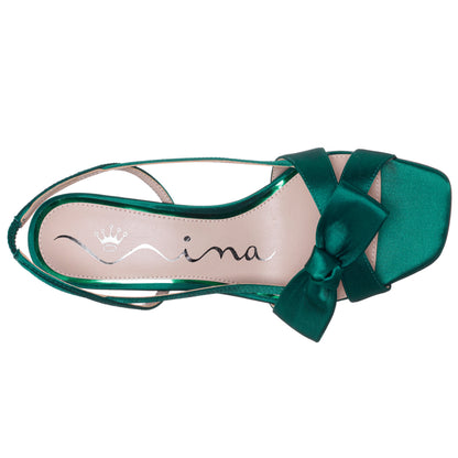 Nina Shoes Lizette Green Satin with Bow Slingback Sandal on a Mid-Heel