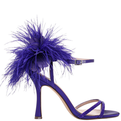 Nina Shoes Demi Purple Satin High-Heel Sandals with Matching Crystals, Feathers and Ankle Strap