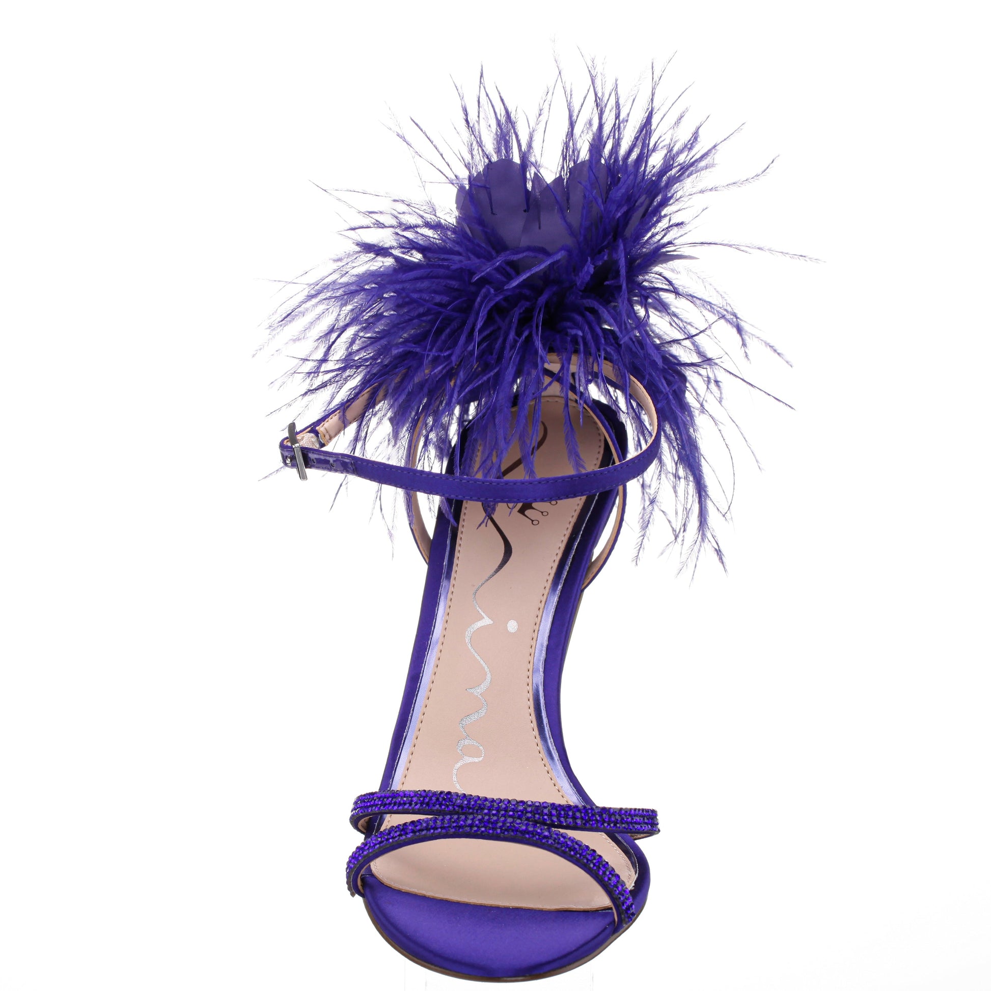 Nina Shoes Demi Purple Satin High-Heel Sandals with Matching Crystals, Feathers and Ankle Strap