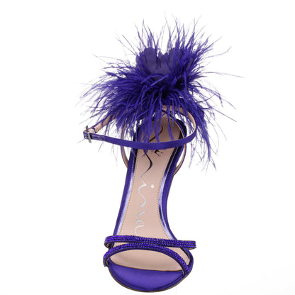 Nina Shoes Demi Purple Satin High-Heel Sandals with Matching Crystals, Feathers and Ankle Strap