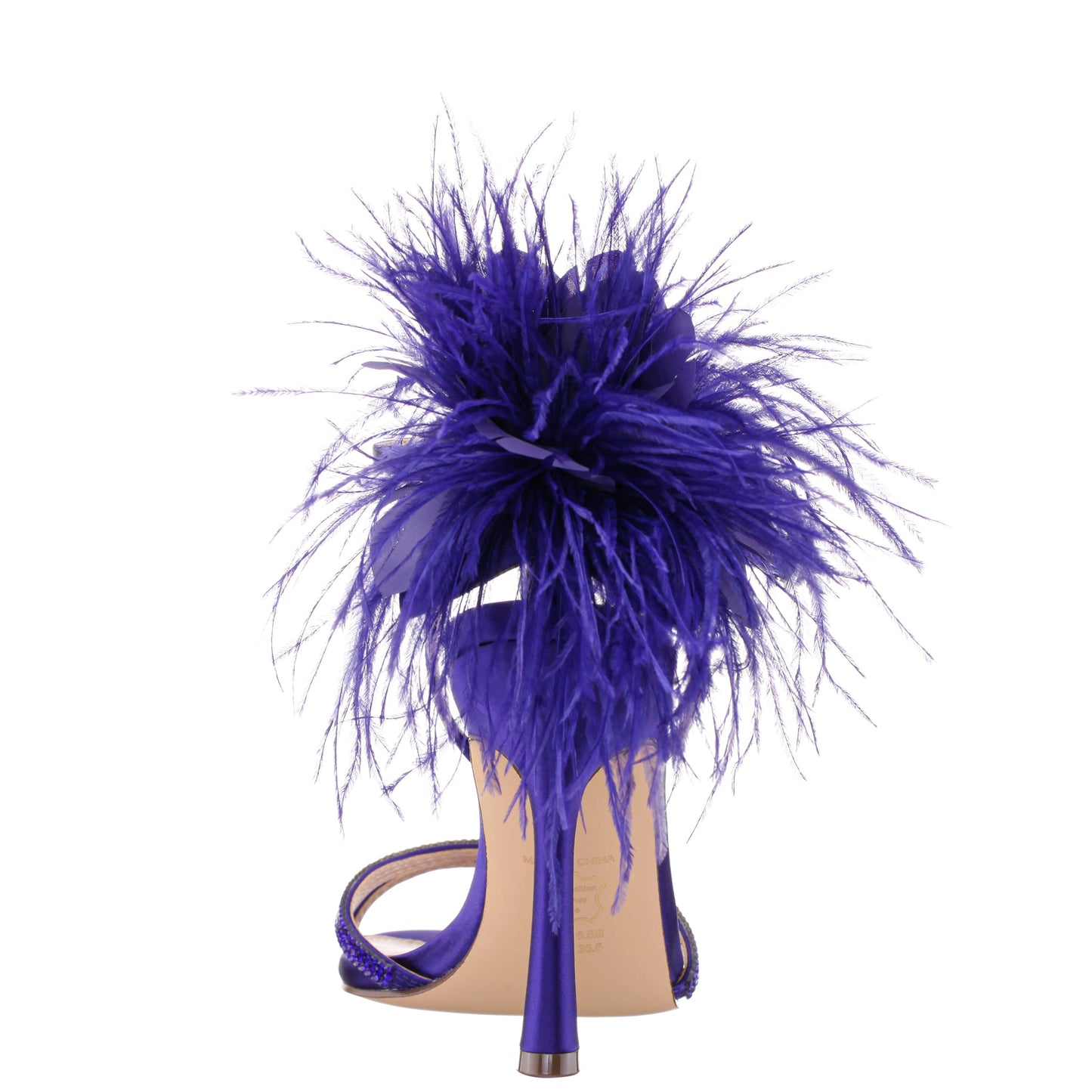 Nina Shoes Demi Purple Satin High-Heel Sandals with Matching Crystals, Feathers and Ankle Strap