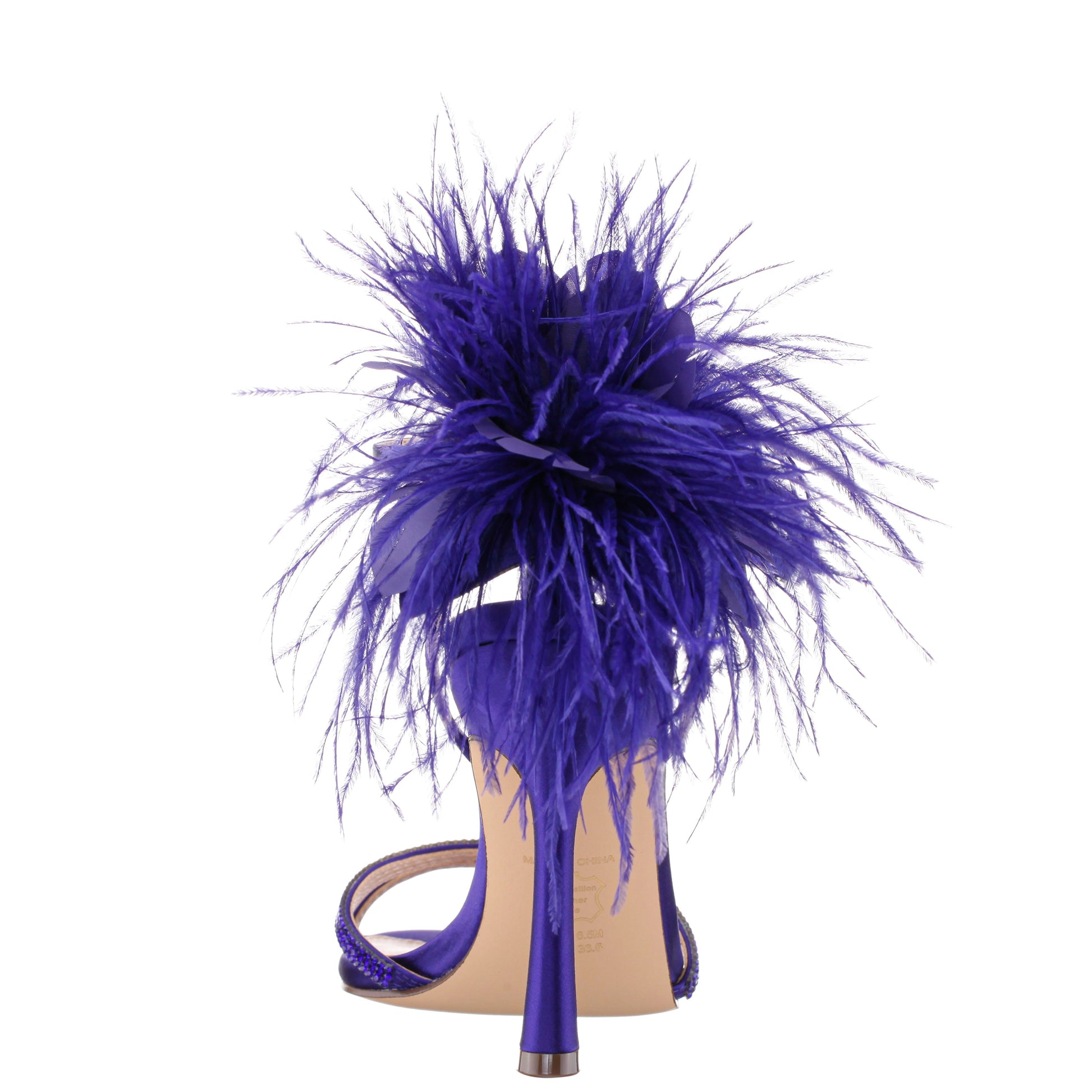Nina Shoes Demi Purple Satin High-Heel Sandals with Matching Crystals, Feathers and Ankle Strap