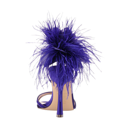 Nina Shoes Demi Purple Satin High-Heel Sandals with Matching Crystals, Feathers and Ankle Strap