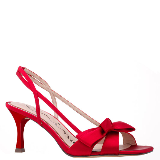 Nina Shoes Lizette Red Satin with Bow Slingback Sandals on a Mid-Heel