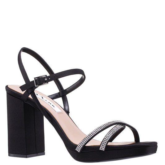 Nina Shoes Steven Black Satin with Crystal X-Band Block-Heel Platform Sandals with Ankle-Strap