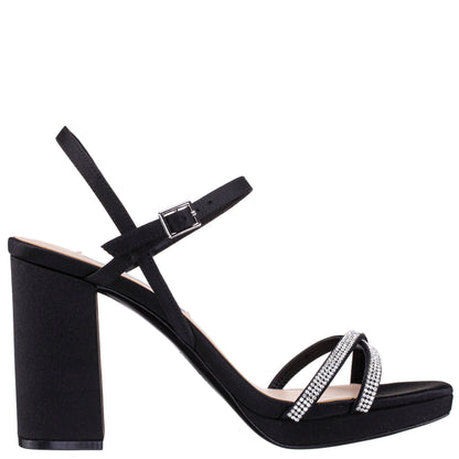 Nina Shoes Steven Black Satin with Crystal X-Band Block-Heel Platform Sandals with Ankle-Strap