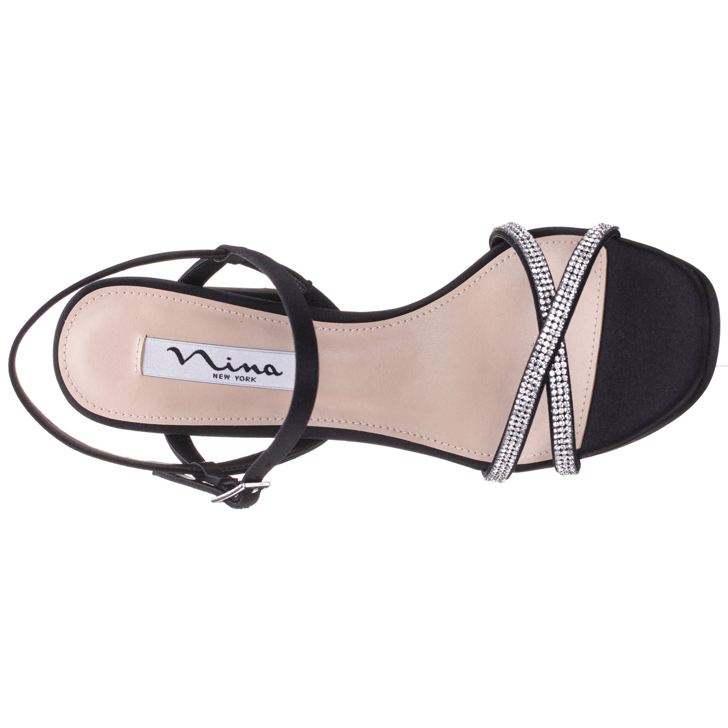 Nina Shoes Steven Black Satin with Crystal X-Band Block-Heel Platform Sandals with Ankle-Strap