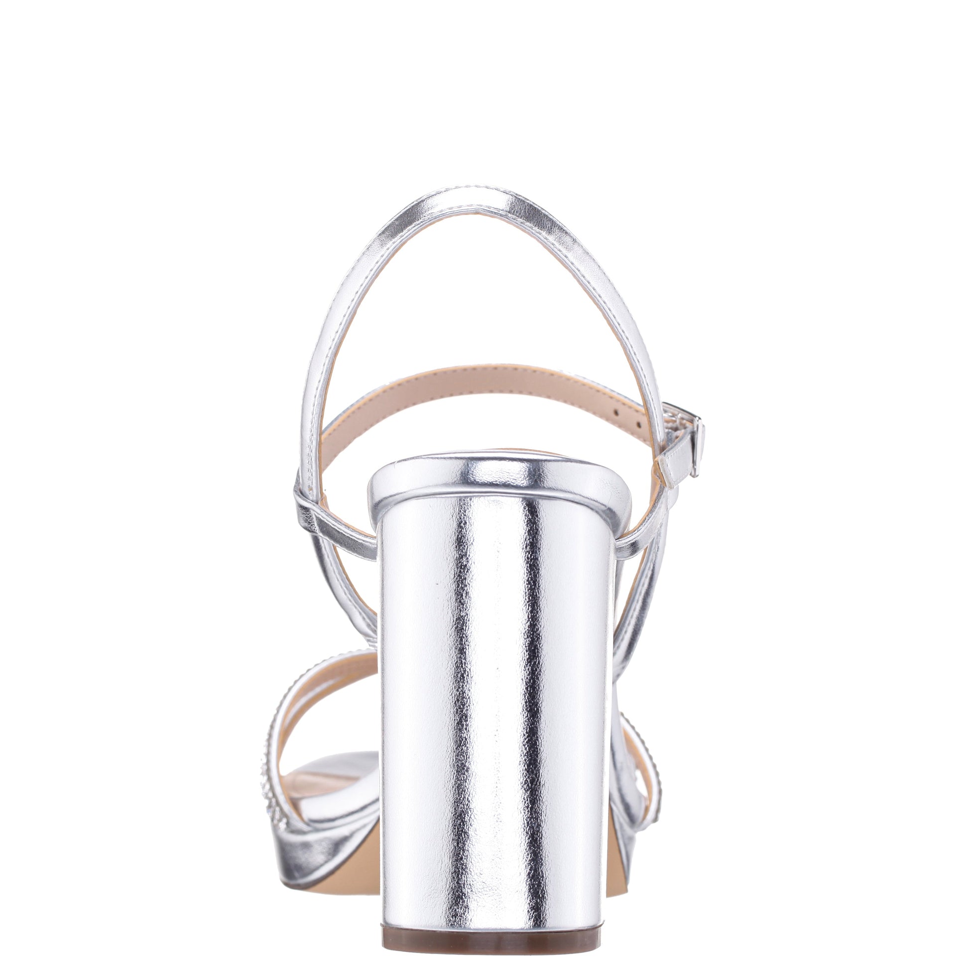 Nina Shoes Steven Silver Metallic Foil with Crystal X-Band Block-Heel Platform Sandals with Ankle-Strap