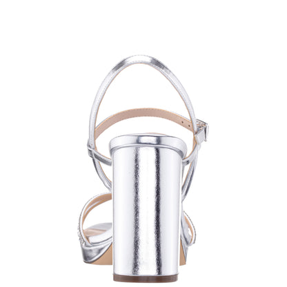 Nina Shoes Steven Silver Metallic Foil with Crystal X-Band Block-Heel Platform Sandals with Ankle-Strap