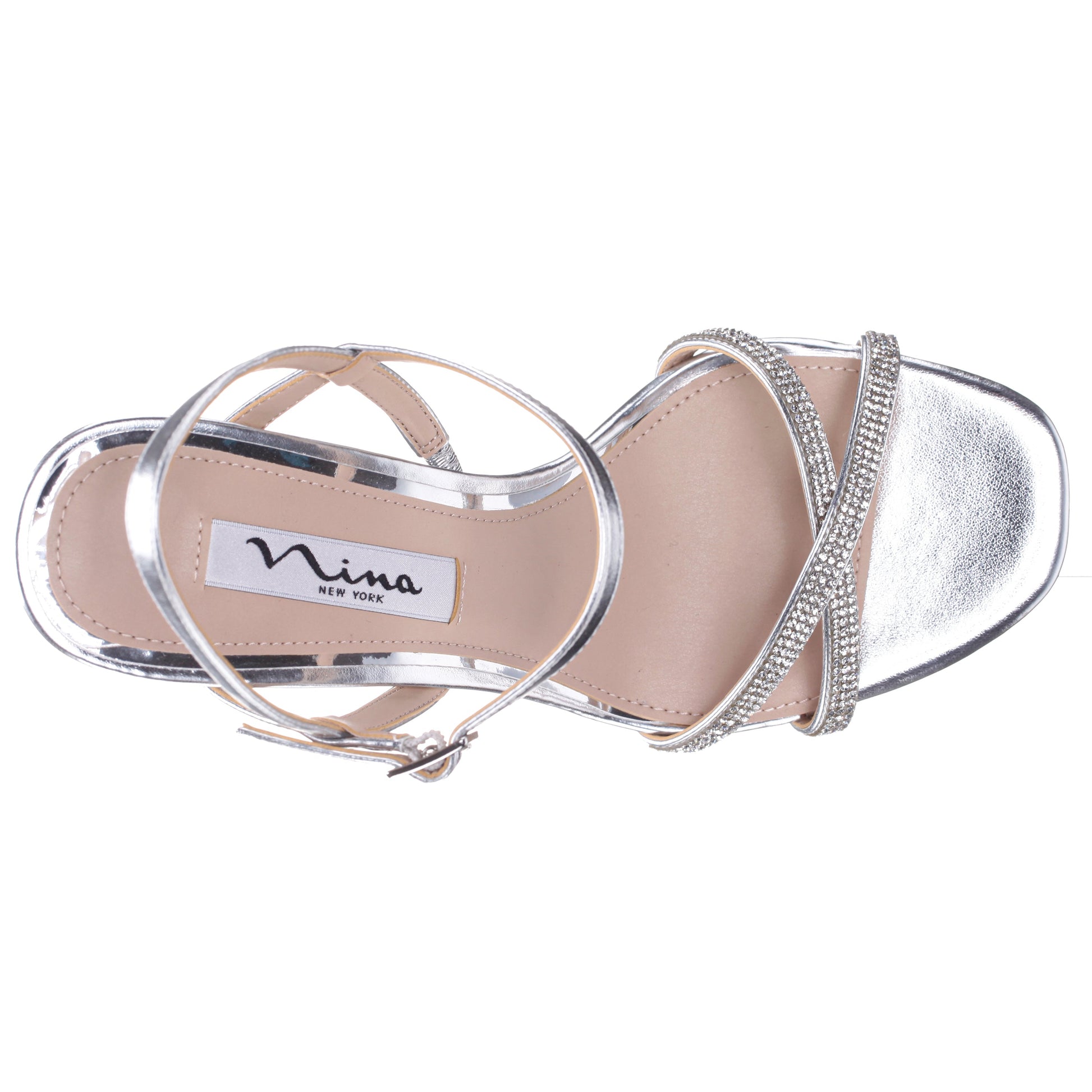 Nina Shoes Steven Silver Metallic Foil with Crystal X-Band Block-Heel Platform Sandals with Ankle-Strap