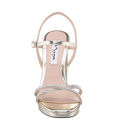 Nina Shoes Steven Platino Metallic Foil with Crystal X-Band Block-Heel Platform Sandals with Ankle-Strap