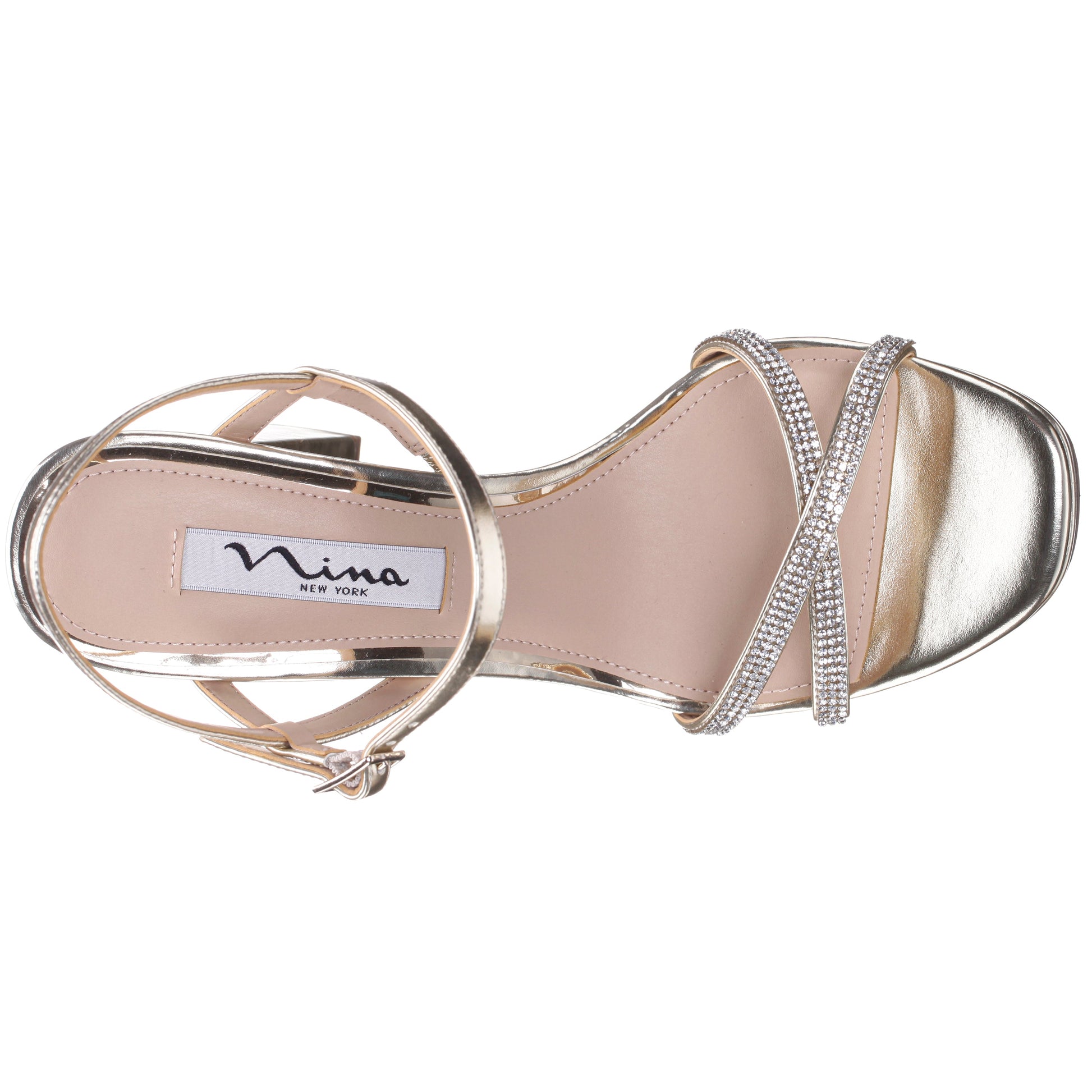 Nina Shoes Steven Platino Metallic Foil with Crystal X-Band Block-Heel Platform Sandals with Ankle-Strap