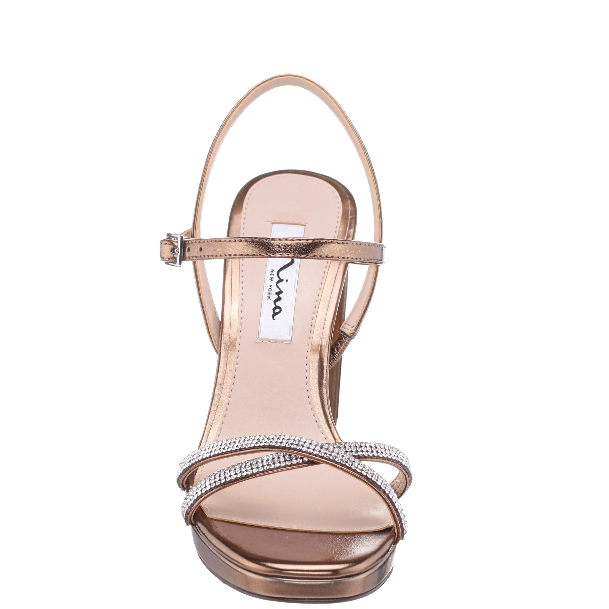 Nina Shoes Steven Brown Metallic Foil with Crystal X-Band Block-Heel Platform Sandals with Ankle-Strap
