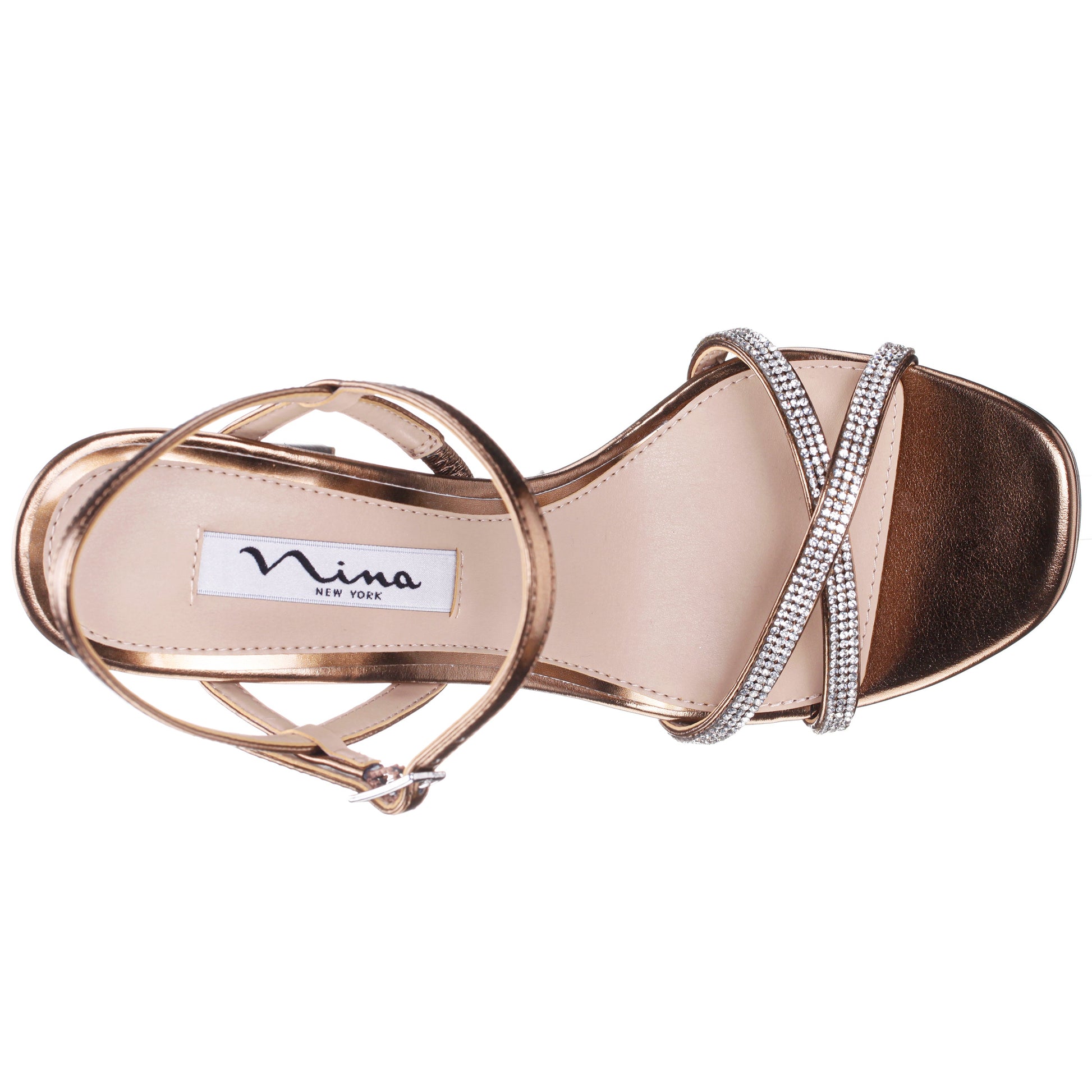 Nina Shoes Steven Brown Metallic Foil with Crystal X-Band Block-Heel Platform Sandals with Ankle-Strap