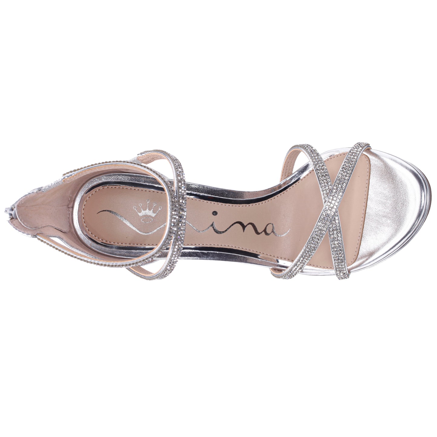 Nina Shoes Ryann Silver Metallic Foil with Clear Crystals High-Heel Platform Sandals with Back Zip