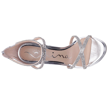 Nina Shoes Ryann Silver Metallic Foil with Clear Crystals High-Heel Platform Sandals with Back Zip