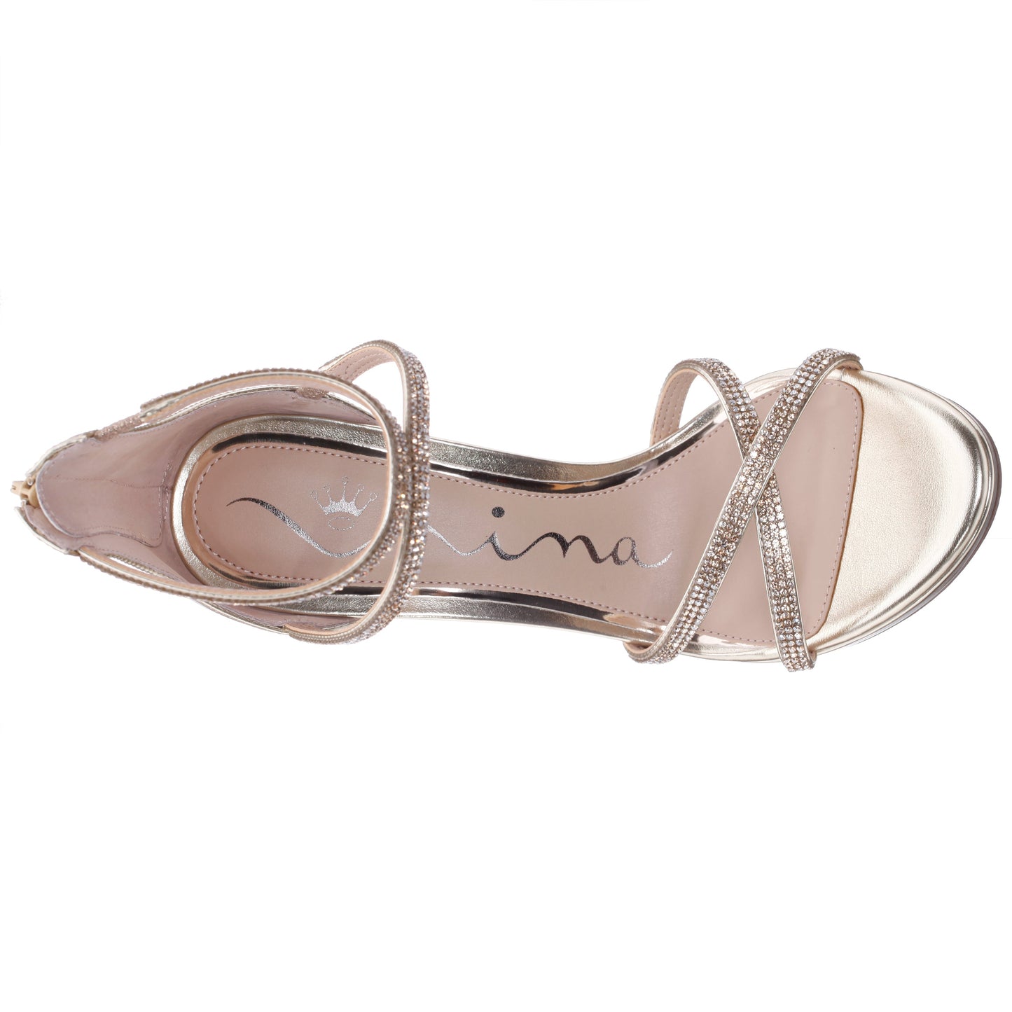 Nina Shoes Ryann Platino Metallic Foil with Clear Crystals High-Heel Platform Sandals with Back Zip