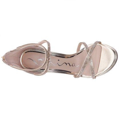 Nina Shoes Ryann Platino Metallic Foil with Clear Crystals High-Heel Platform Sandals with Back Zip