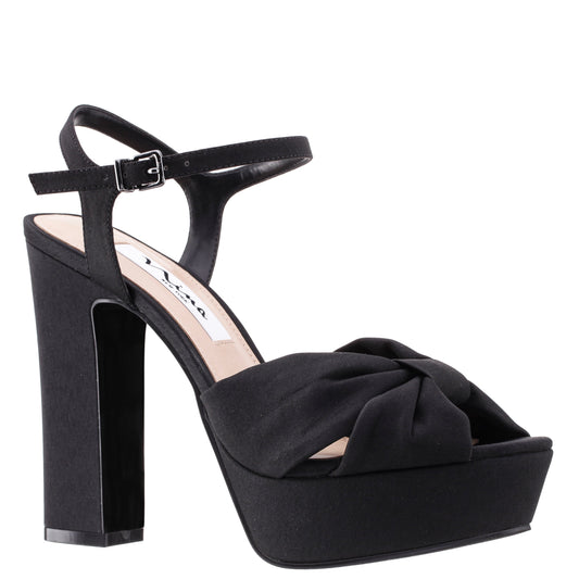 Nina Shoes Skylynn Black Peau Block-Heel with Platform Stiletto Sandal with Ankle-Strap