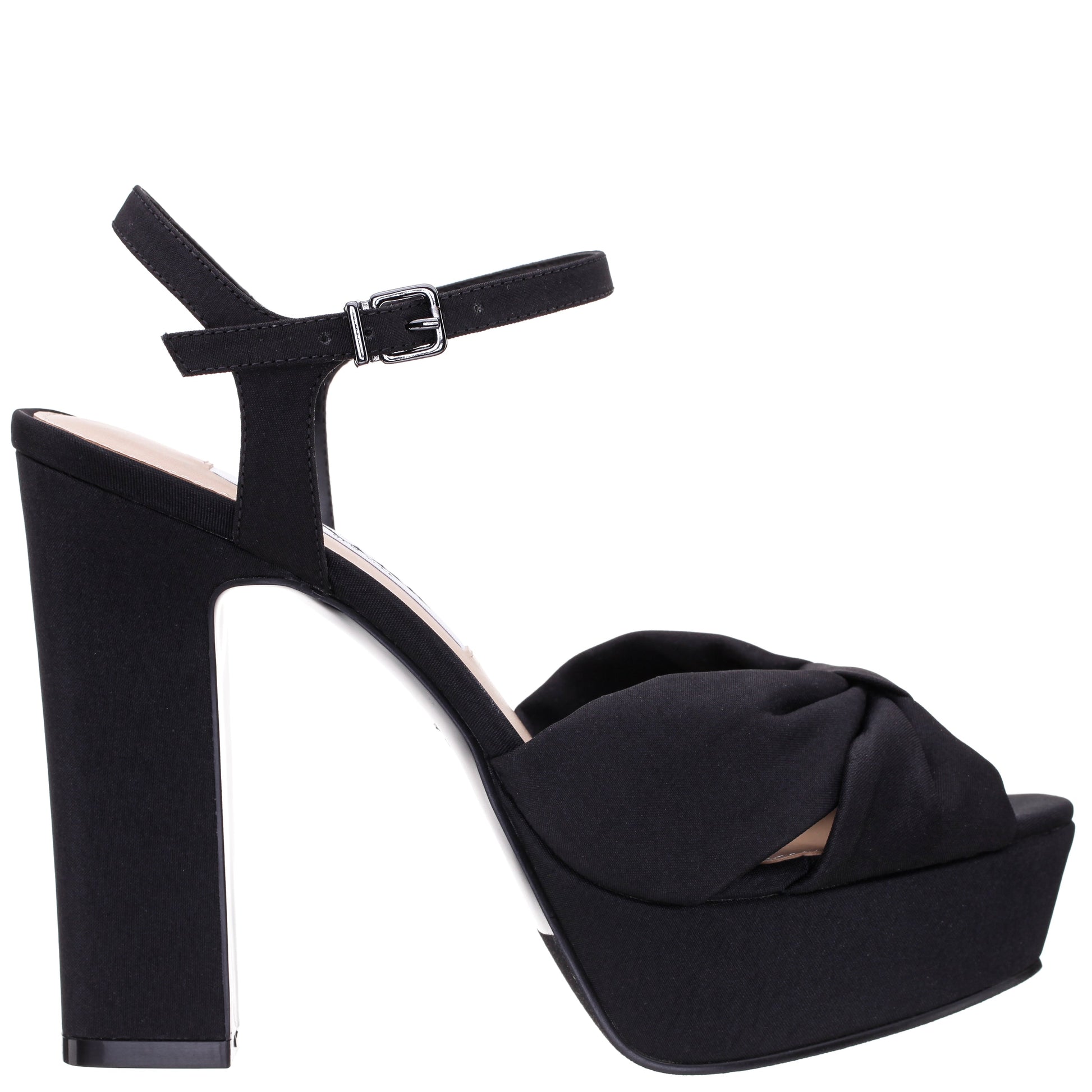 Nina Shoes Skylynn Black Peau Block-Heel with Platform Stiletto Sandal with Ankle-Strap