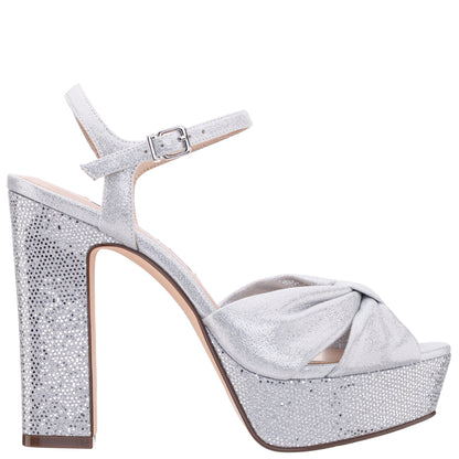 Nina Shoes Skylynn Silver Glitter Block-Heel with Platform Stiletto Sandal with Ankle-Strap