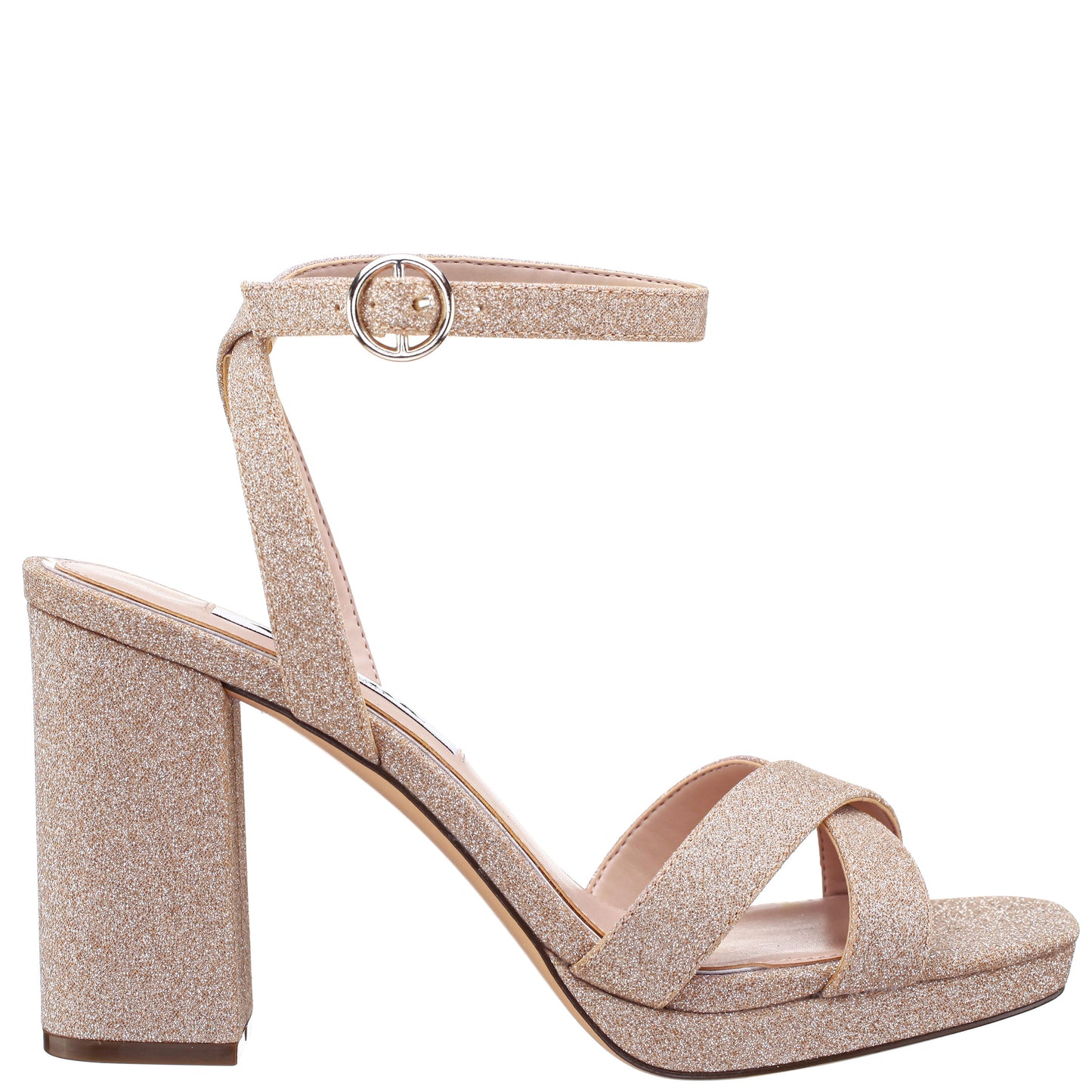 Nina Shoes Shelia Beige Glitter Net Block-Heel Platform Sandals with Ankle-Strap