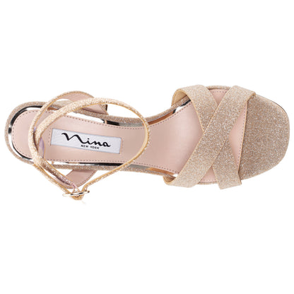 Nina Shoes Shelia Beige Glitter Net Block-Heel Platform Sandals with Ankle-Strap