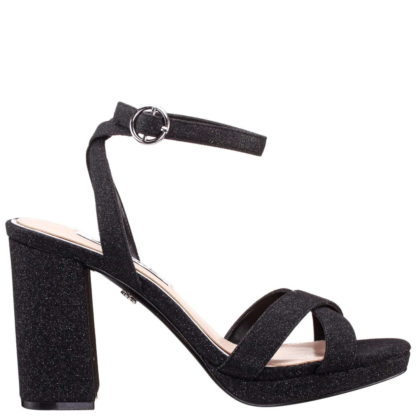 Nina Shoes Shelia Black Glitter Net Block-Heel Platform Sandals with Ankle-Strap