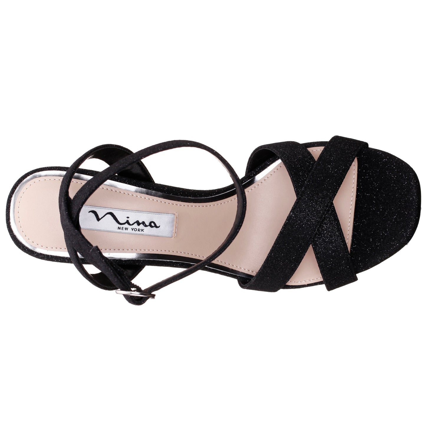 Nina Shoes Shelia Black Glitter Net Block-Heel Platform Sandals with Ankle-Strap