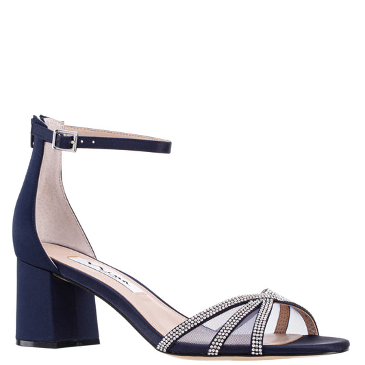 Nina Shoes Brooke Blue Satin Block-Heel Sandals with Ankle-Straps and Crystal Bands
