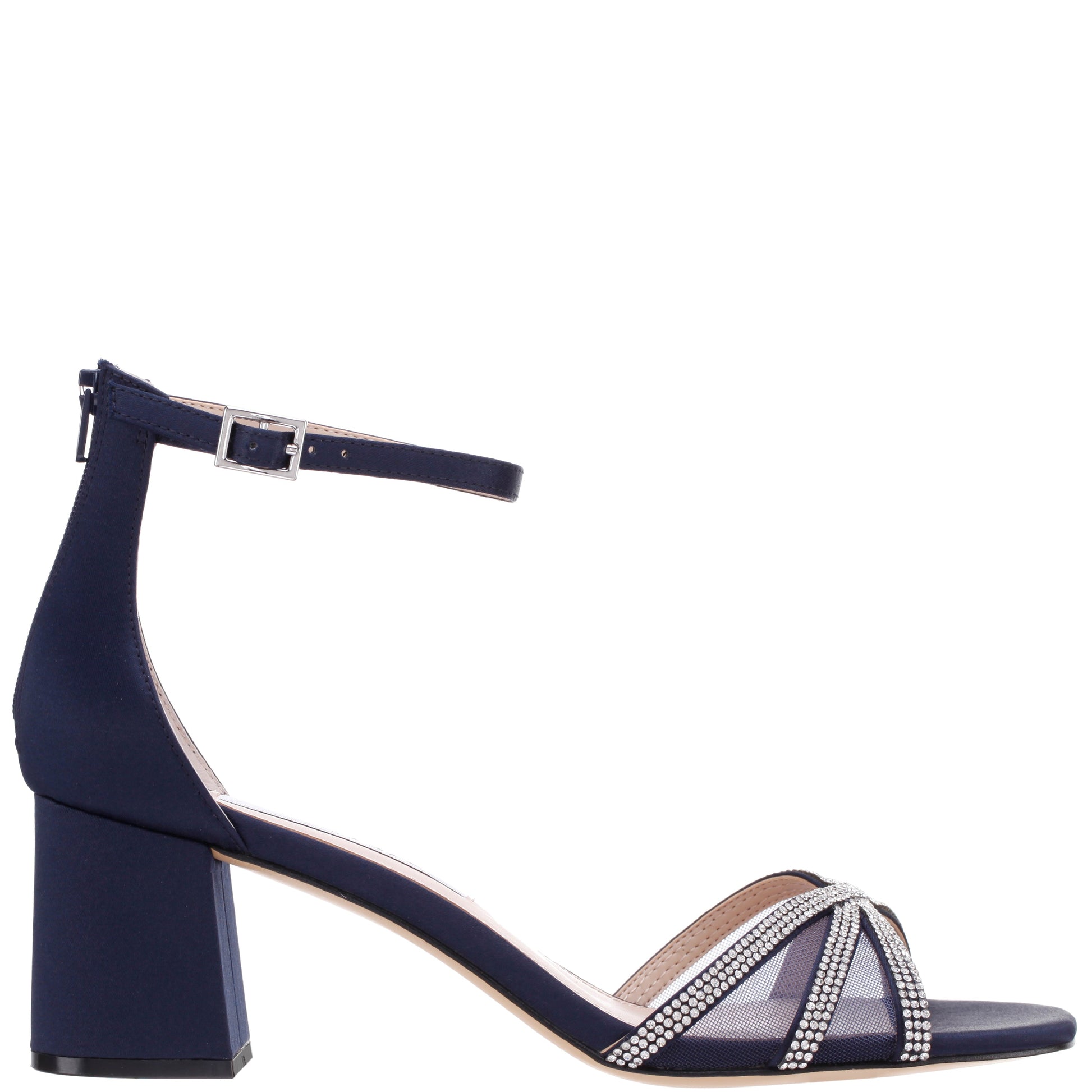 Nina Shoes Brooke Blue Satin Block-Heel Sandals with Ankle-Straps and Crystal Bands