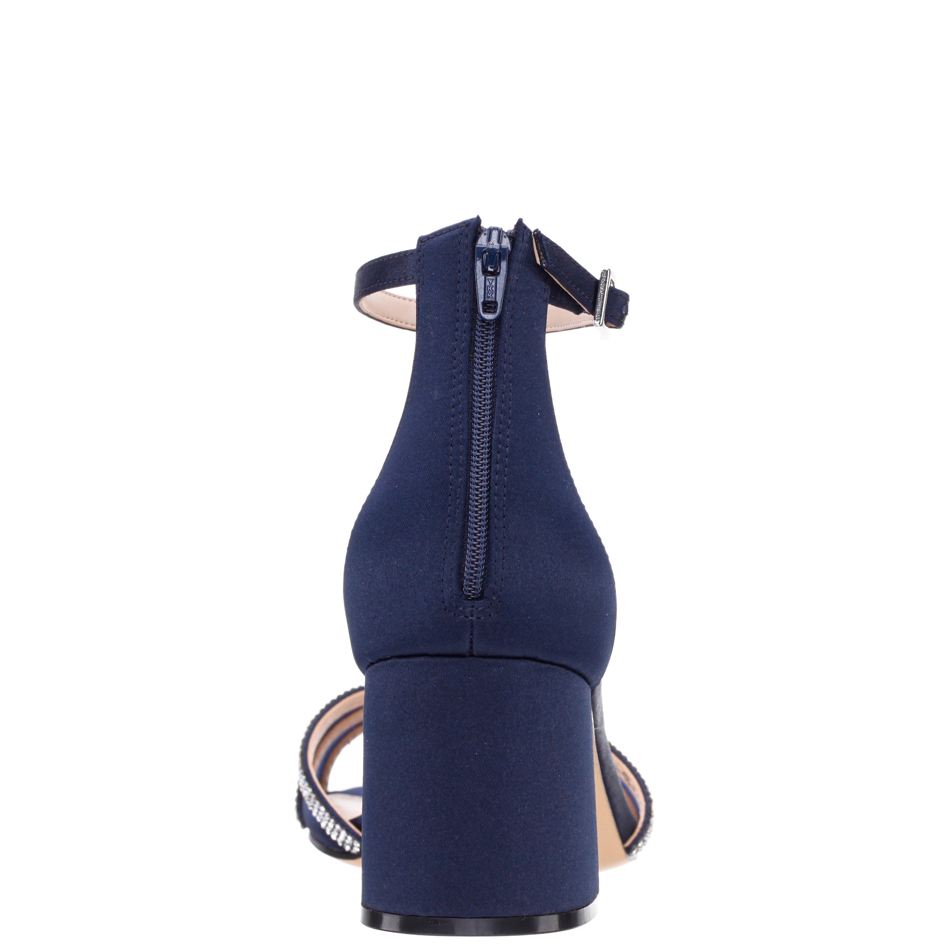 Nina Shoes Brooke Blue Satin Block-Heel Sandals with Ankle-Straps and Crystal Bands