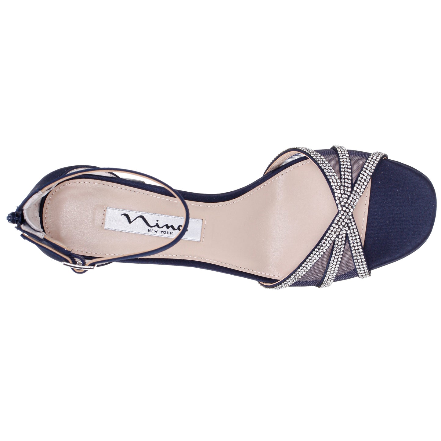 Nina Shoes Brooke Blue Satin Block-Heel Sandals with Ankle-Straps and Crystal Bands