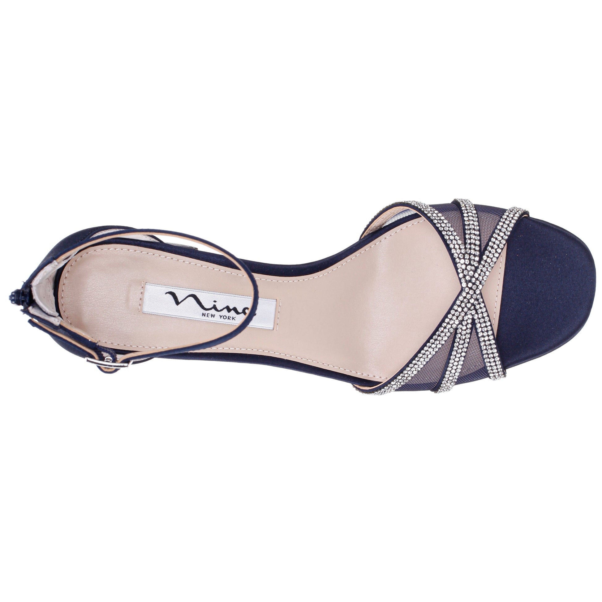 Nina Shoes Brooke Blue Satin Block-Heel Sandals with Ankle-Straps and Crystal Bands