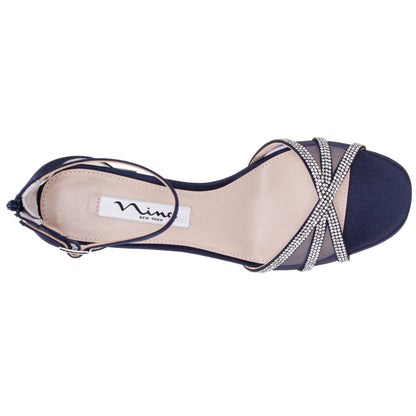 Nina Shoes Brooke Blue Satin Block-Heel Sandals with Ankle-Straps and Crystal Bands