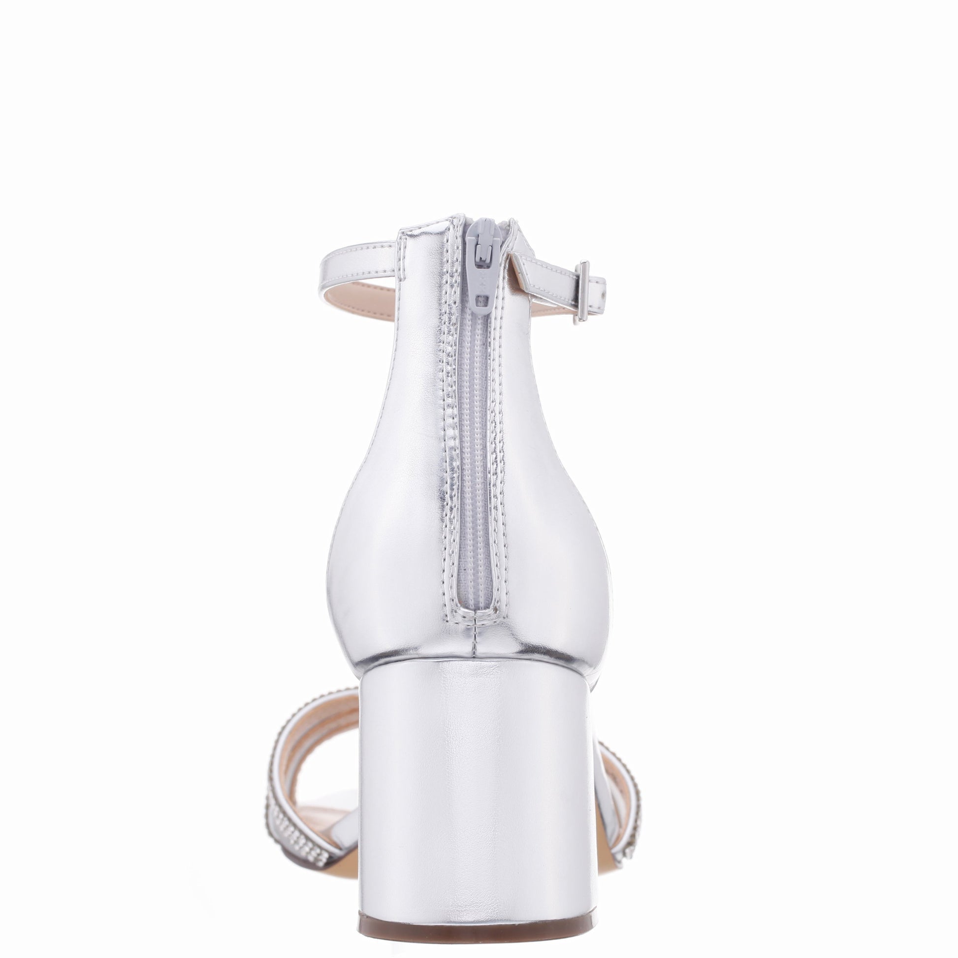 Nina Shoes Brooke Silver Metallic Foil Block-Heel Sandals with Ankle-Straps and Crystal Bands