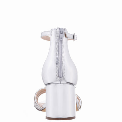 Nina Shoes Brooke Silver Metallic Foil Block-Heel Sandals with Ankle-Straps and Crystal Bands