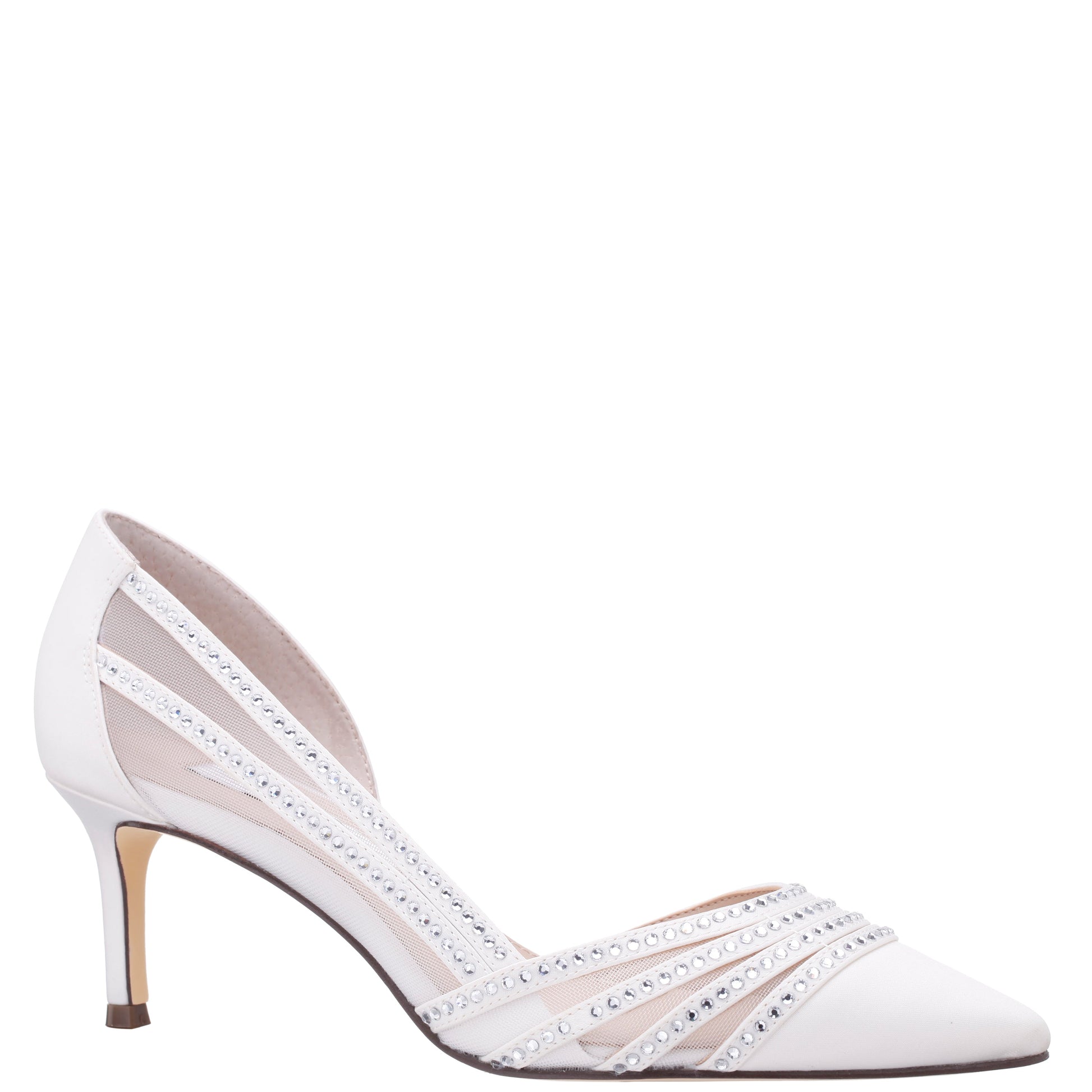 Nina Shoes Noreen White Satin with Crystals Mid-Heel D'Orsay Pumps with Pointed-Toe