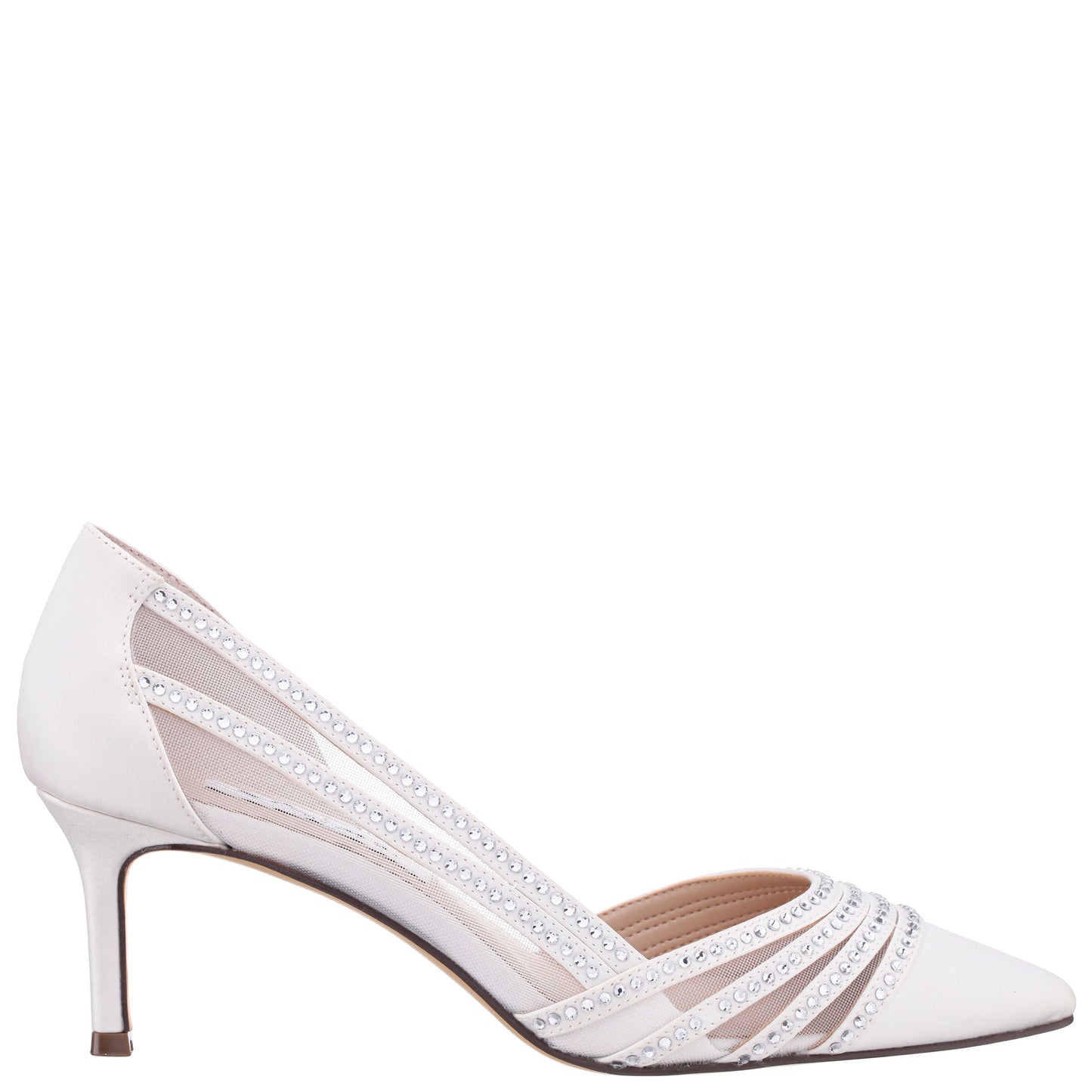 Nina Shoes Noreen White Satin with Crystals Mid-Heel D'Orsay Pumps with Pointed-Toe