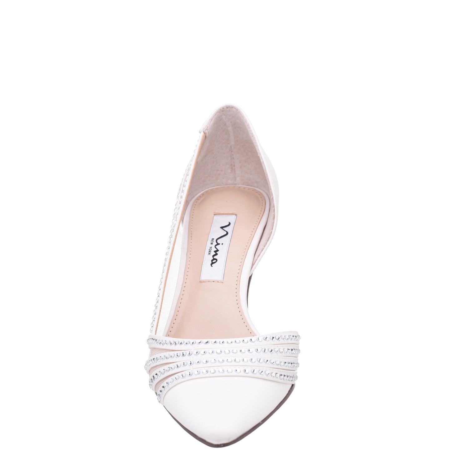 Nina Shoes Noreen White Satin with Crystals Mid-Heel D'Orsay Pumps with Pointed-Toe