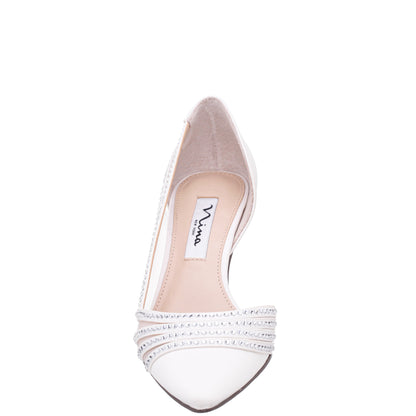 Nina Shoes Noreen White Satin with Crystals Mid-Heel D'Orsay Pumps with Pointed-Toe