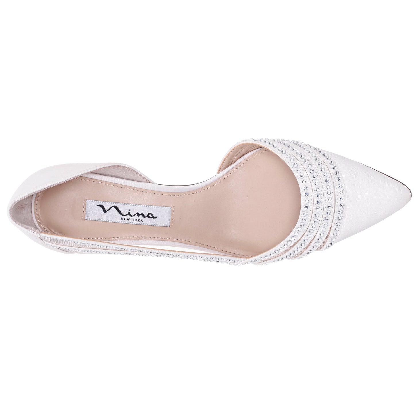 Nina Shoes Noreen White Satin with Crystals Mid-Heel D'Orsay Pumps with Pointed-Toe