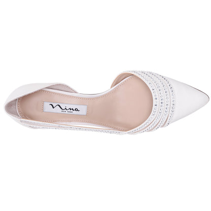 Nina Shoes Noreen White Satin with Crystals Mid-Heel D'Orsay Pumps with Pointed-Toe