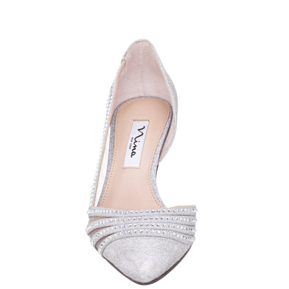 Nina Shoes Noreen Silver Glitter with Crystals Mid-Heel D'Orsay Pumps with Pointed-Toe