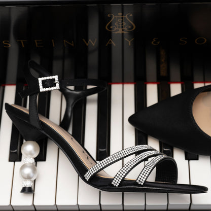 Nina Shoes Veera Black Satin with Crystals and Pearls High-Heel Sandals with Jeweled Ankle-Strap